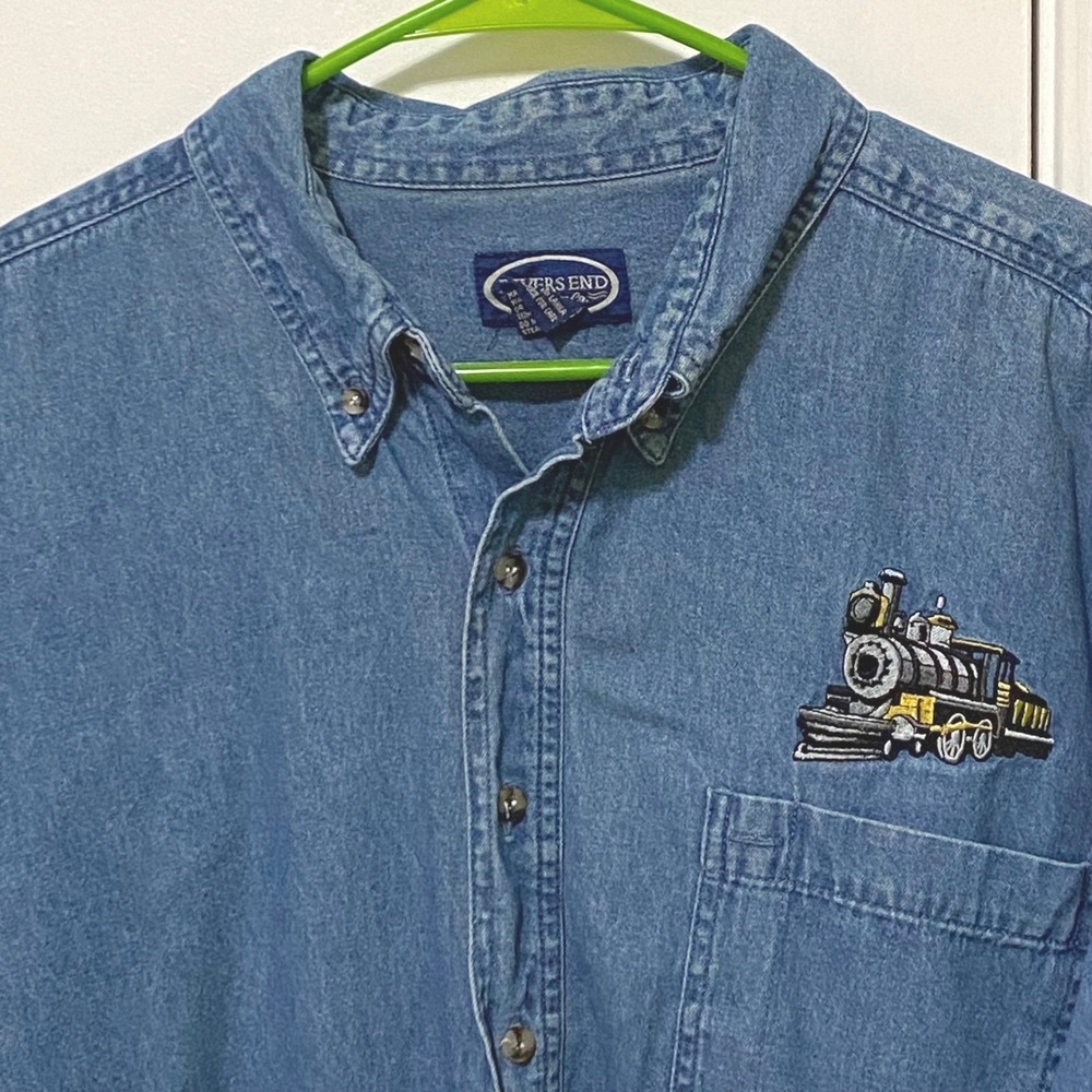 Vintage 80s 90s Mens Denim Shirt Shacket Train Theme L Blue Railfan Trainspotter